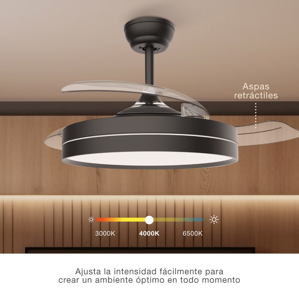 Ventilador de Techo LUGELA con Luz LED CCT Regulable y Mando – 107 cm, 3 Aspas Retráctiles, Motor DC, Negro - Imagen 5