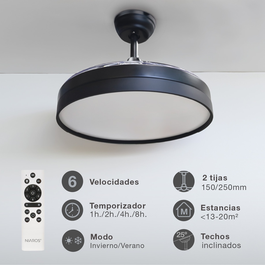 Ventilador de Techo LUGELA con Luz LED CCT Regulable y Mando – 107 cm, 3 Aspas Retráctiles, Motor DC, Negro - Imagen 6