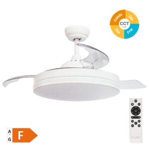 Ventilador de Techo Oliveri con Luz CCT Regulable y Mando – Ø107 cm, 3 Aspas Retráctiles, Motor DC, Blanco