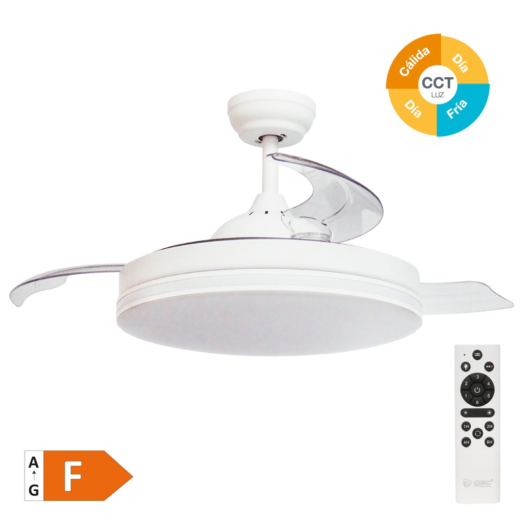 Ventilador de Techo Oliveri con Luz CCT Regulable y Mando – Ø107 cm, 3 Aspas Retráctiles, Motor DC, Blanco