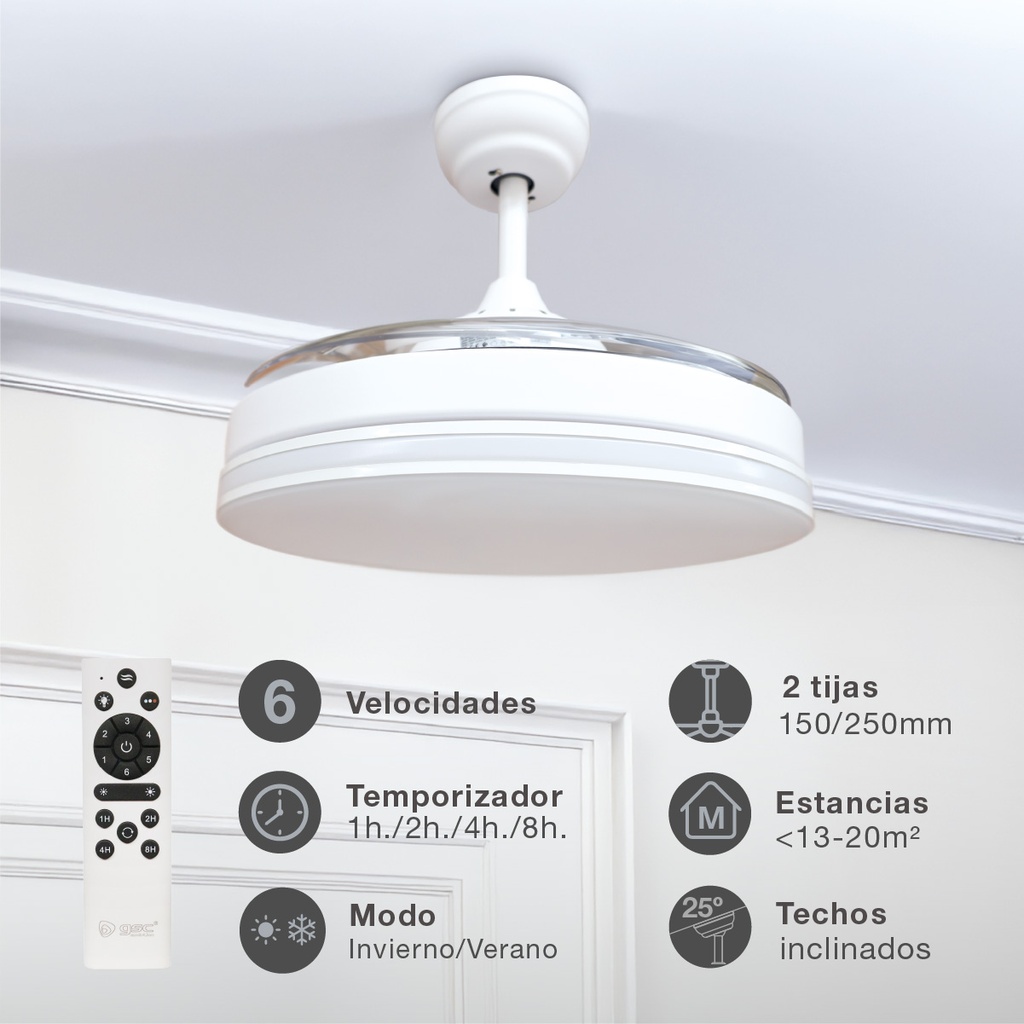 Ventilador de Techo Oliveri con Luz CCT Regulable y Mando – Ø107 cm, 3 Aspas Retráctiles, Motor DC, Blanco - Imagen 2