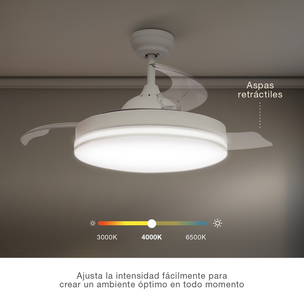 Ventilador de Techo Oliveri con Luz CCT Regulable y Mando – Ø107 cm, 3 Aspas Retráctiles, Motor DC, Blanco - Imagen 3