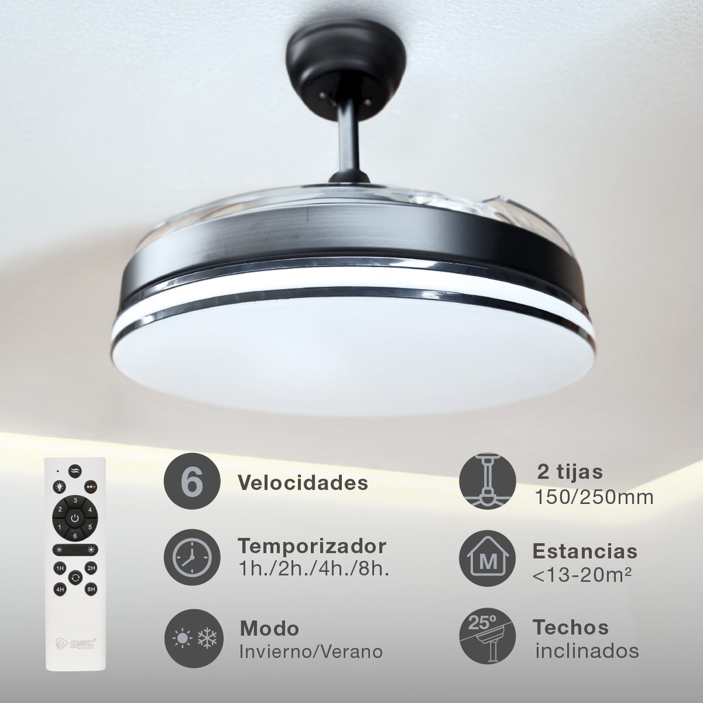 Ventilador de Techo Oliveri con Luz CCT Regulable y Mando – Ø107 cm, 3 Aspas Retráctiles, Motor DC, Negro - Imagen 3