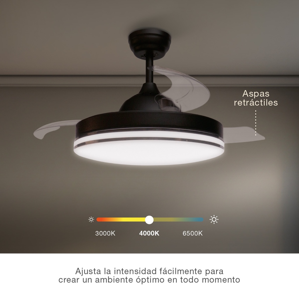 Ventilador de Techo Oliveri con Luz CCT Regulable y Mando – Ø107 cm, 3 Aspas Retráctiles, Motor DC, Negro - Imagen 4
